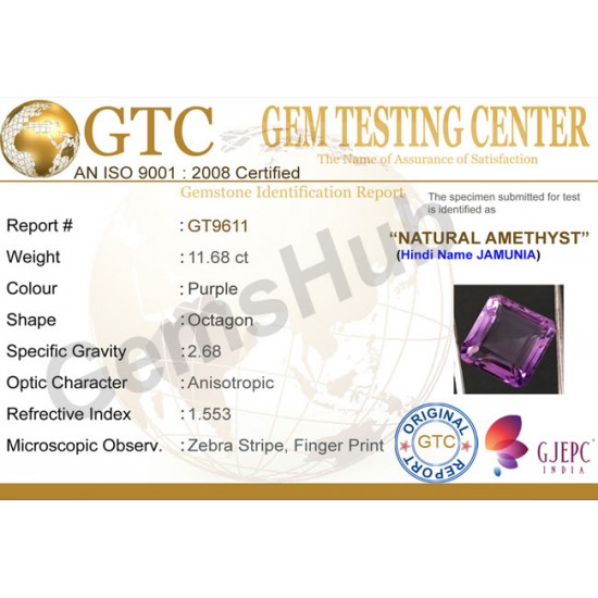 11.68 ct Natural Certified Amethyst (Jamunia) -Premium Quality