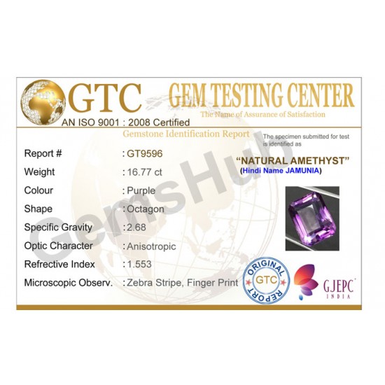 16.77 ct Natural Certified Amethyst (Jamunia) -Premium Quality