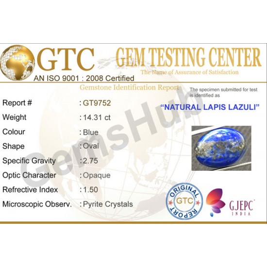 14.31 ct Natural Certified Lapis Lazuli (Lajwart)
