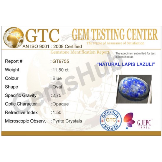 11.80 ct Natural Certified Lapis Lazuli (Lajwart)