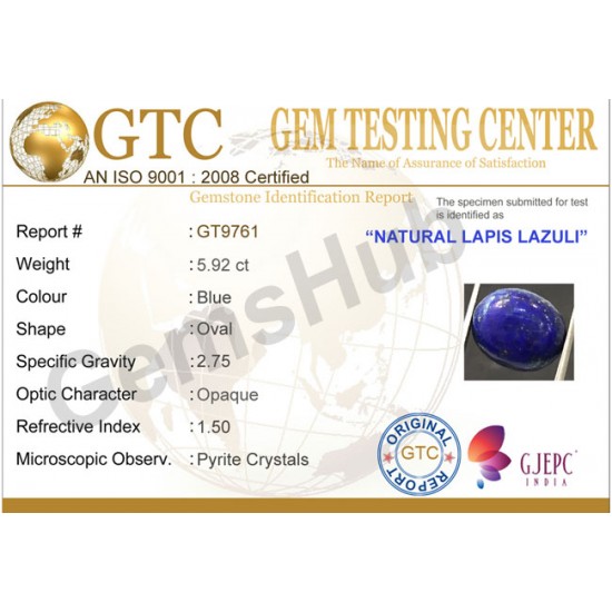 5.92 ct Natural Certified Lapis Lazuli (Lajwart)