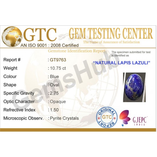 10.75 ct Natural Certified Lapis Lazuli (Lajwart)