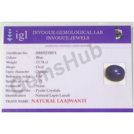 13.74 ct Natural Certified Lapis Lazuli (Lajwart)