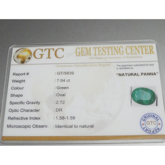 7.64 ct/8.50 ratti Natural Certified Zambian Panna (Emerald)