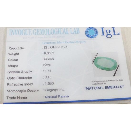 8.63 ct/9.60 ratti Natural Certified Zambian Panna (Emerald)