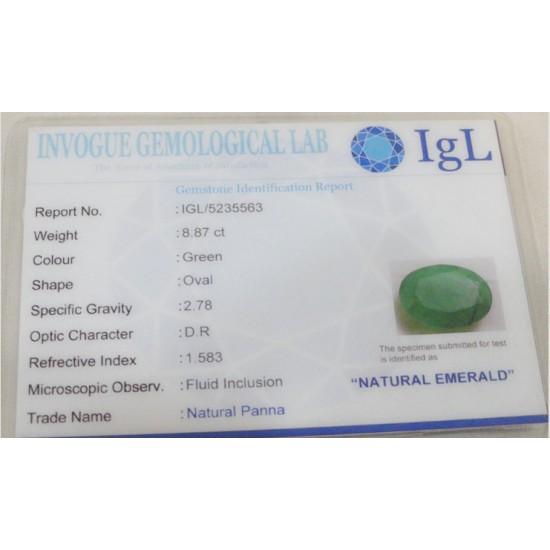 8.87 ct/9.86 ratti Natural Certified Zambian Panna (Emerald)