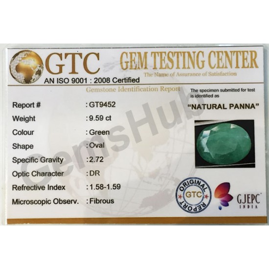 9.59 ct/10.60 ratti Natural Certified Panna (Emerald) 9.59 ct/10.60 ratti Natural Certified Panna (Emerald)