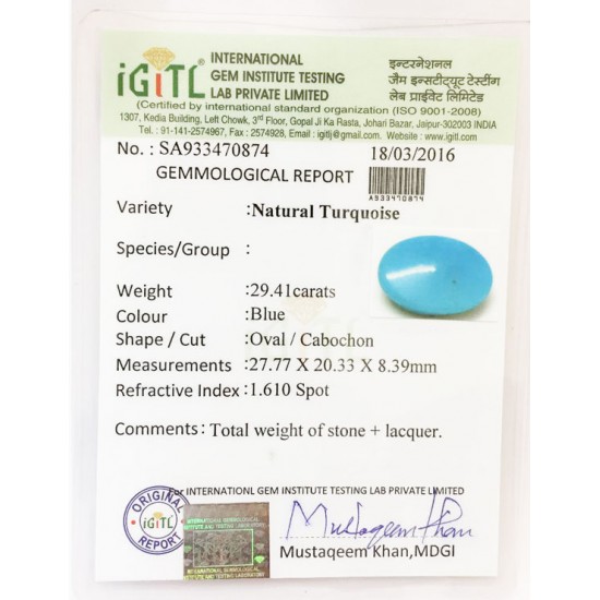 Natural Certified Feroza/Turquoise weight- 29.41 ct