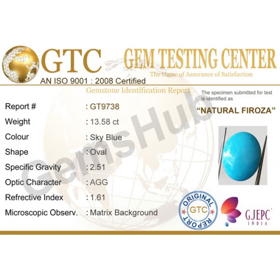 15.08 ratti (13.58 ct) Natural Certified Feroza/Turquoise 15.08 ratti (13.58 ct) Natural Certified Feroza/Turquoise
