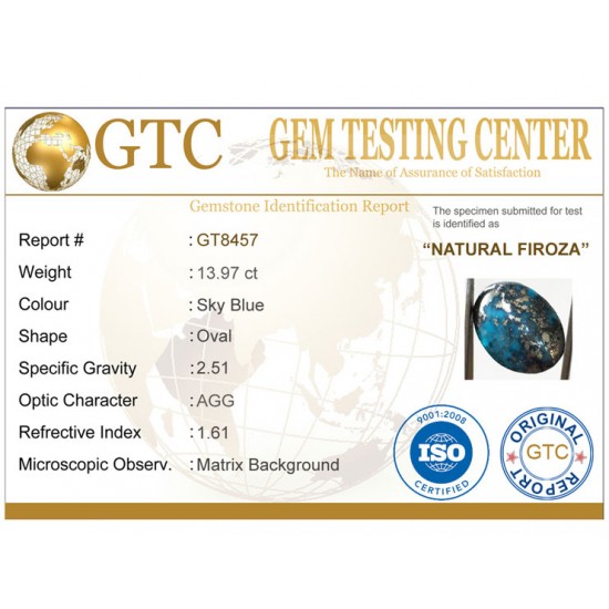 15.50 ratti (13.97 ct) Natural Certified Irani Feroza/Turquoise 15.50 ratti (13.97 ct) Natural Certified Irani Feroza/Turquoise