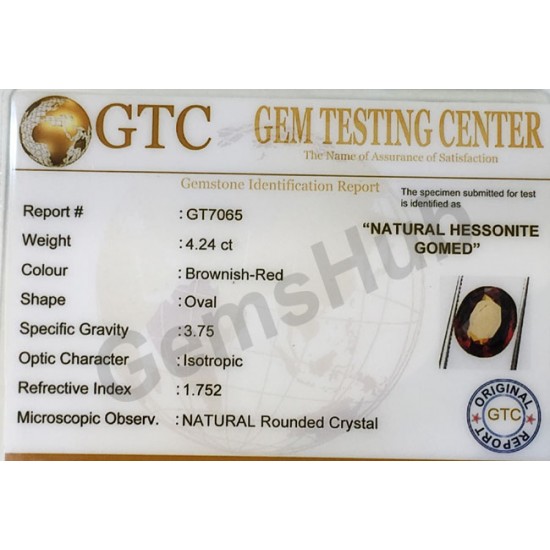 4.60 ratti (4.24 ct) Natural Hessonite Ceylon Gomed Certified