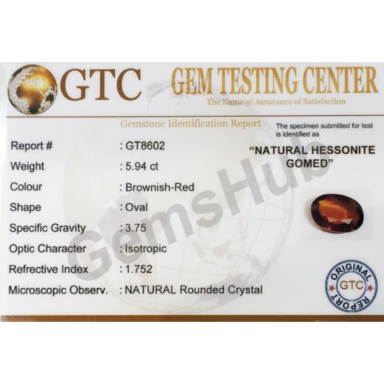 6.50 ratti (5.94 ct) Natural Hessonite Ceylon Gomed Certified