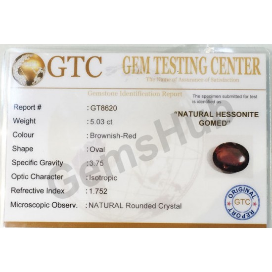 5.50 ratti (5.03 ct) Natural Hessonite Ceylon Gomed Certified 5.50 ratti (5.03 ct) Natural Hessonite Ceylon Gomed Certified