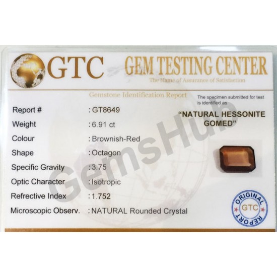 7.60 ratti (6.91 ct) Natural Hessonite Ceylon Gomed Certified 7.60 ratti (6.91 ct) Natural Hessonite Ceylon Gomed Certified