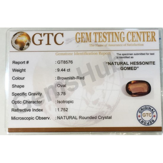 10.50 ratti (9.44 ct) Natural Hessonite Ceylon Gomed Certified