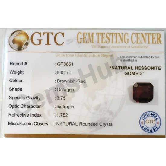 10.00 ratti (9.02 ct) Natural Hessonite Ceylon Gomed Certified