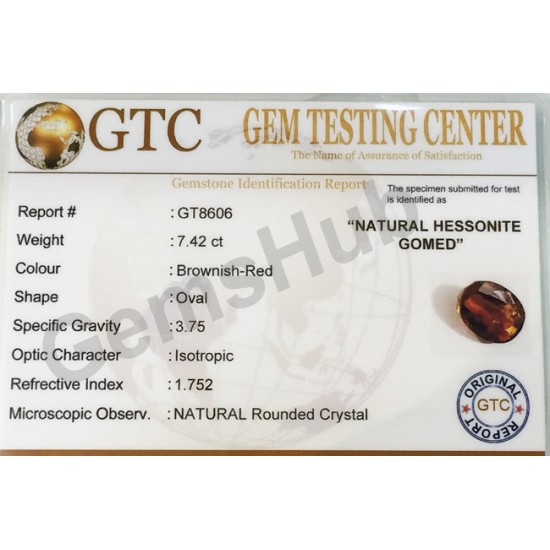 8.25 ratti (7.42 ct) Natural Hessonite Ceylon Gomed Certified