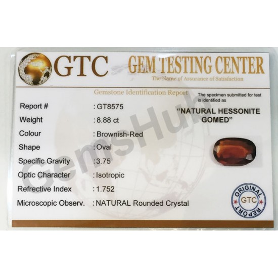 9.90 ratti (8.88 ct) Natural Hessonite Ceylon Gomed Certified