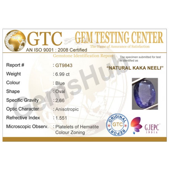 Natural Kaka Neeli Stone 6.99 ct