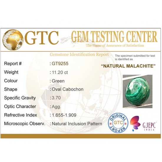 11.20 ct Natural Certified Malachite stone 