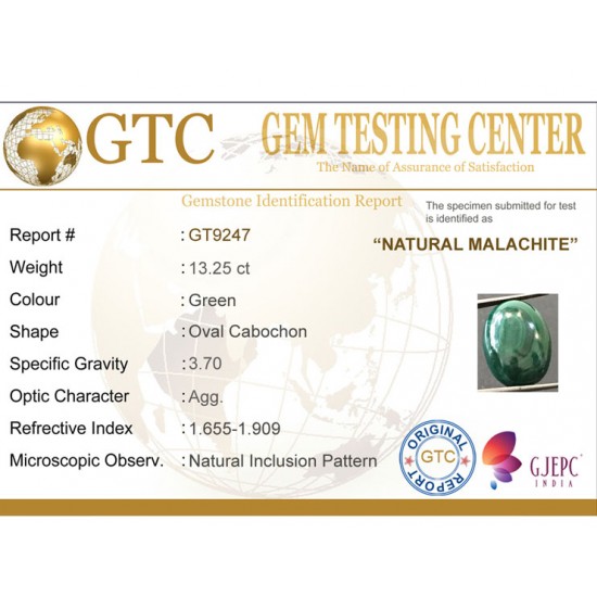 13.25 ct Natural Certified Malachite stone 