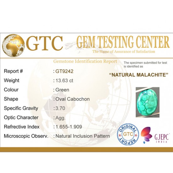 13.63 ct Natural Certified Malachite stone 
