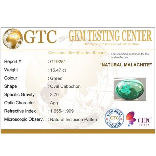 15.47 ct Natural Certified Malachite stone 