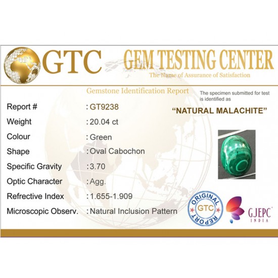 20.04 ct Natural Certified Malachite stone 