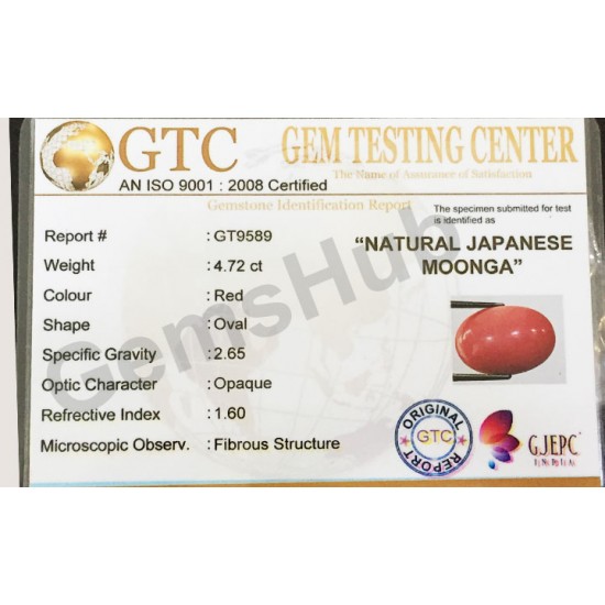 4.72 ct  Natural Certified Japanese Moonga/Coral