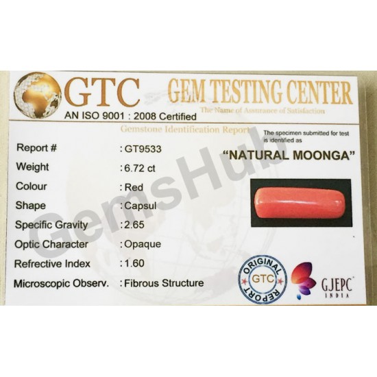 7.50 ratti (6.72ct) Natural Certified Moonga/Coral