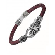 Rhodium Plated Trishul Snake Damroo Leather Bracelet For Mens 