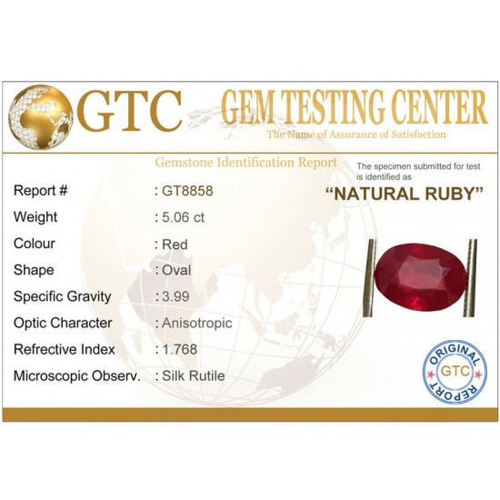 5.06 ct Natural Certified Bangkok/New Burma Ruby/Manik