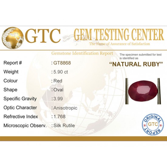 5.90 ct Natural Certified Bangkok/New Burma Ruby/Manik