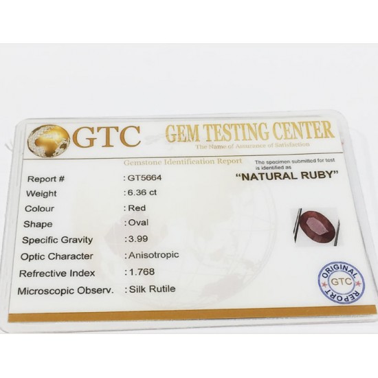 6.36 ct Natural Certified Non Heat Non Treat Ruby/Manik