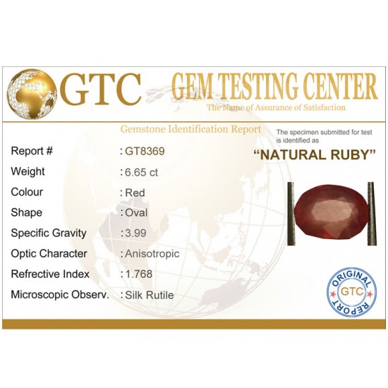 6.65 ct Natural Certified New Burma Ruby/Manik