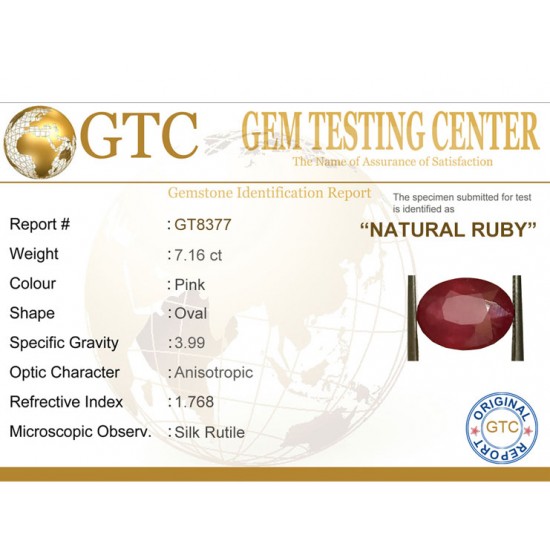 7.16 ct Natural Certified New Burma Ruby/Manik