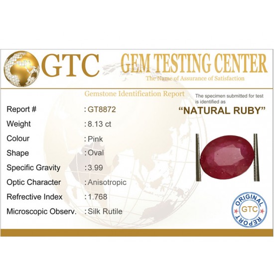 8.13 ct Natural Certified New Burma Ruby/Manik