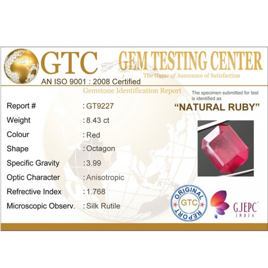 8.43 ct Certified Ruby Gemstone New Burma (Bangkok)