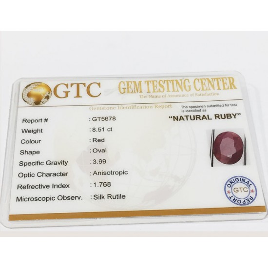 8.51 ct Natural Certified Non Heat Non Treat Ruby/Manik