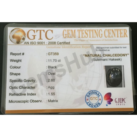 Natural Certified Sulemani Black Hakik Stone, 11.70 ct 