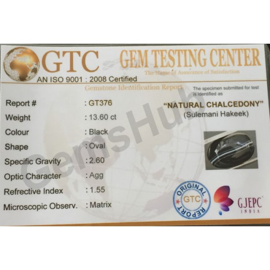 Natural Certified Sulemani Black Hakik Stone, 13.60 ct 