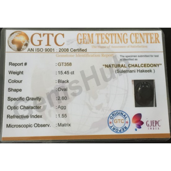 Natural Certified Sulemani Black Hakik Stone, 15.45 ct 