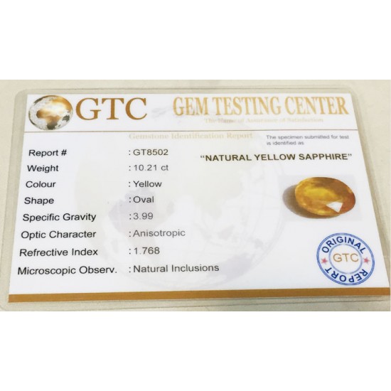 10.21 ct/11.35 ratti Natural Certified Bangkok Pukhraj/Yellow Sapphire