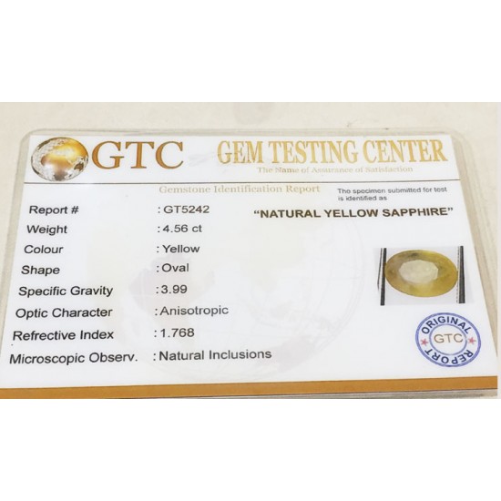 4.56 ct/5.06 ratti Natural Certified Bangkok Pukhraj/Yellow Sapphire