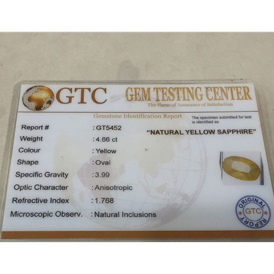 4.66 ct/5.25 ratti Natural Certified Ceylon Pukhraj/Yellow Sapphire