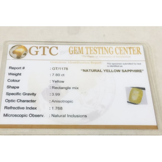 7.80 ct/8.60 ratti Natural Certified Ceylon Pukhraj/Yellow Sapphire