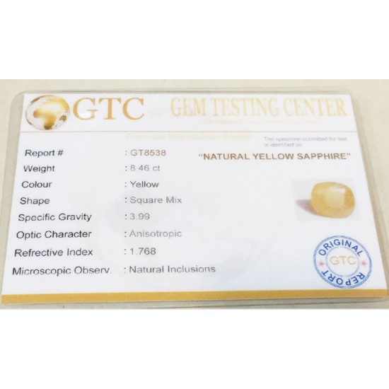 8.46 ct/9.40 ratti Natural Certified Ceylon Pukhraj/Yellow Sapphire