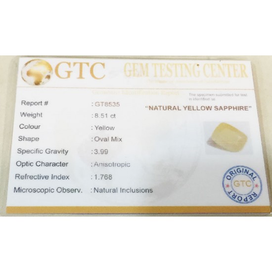 8.51 ct/9.50 ratti Natural Certified Ceylon Pukhraj/Yellow Sapphire