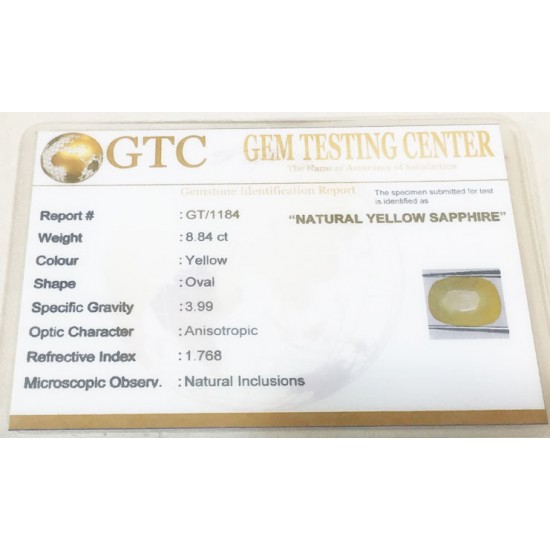 8.84 ct/9.85 ratti Natural Certified Ceylon Pukhraj/Yellow Sapphire
