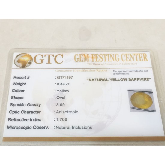 9.44 ct/10.50 ratti Natural Certified Ceylon Pukhraj/Yellow Sapphire